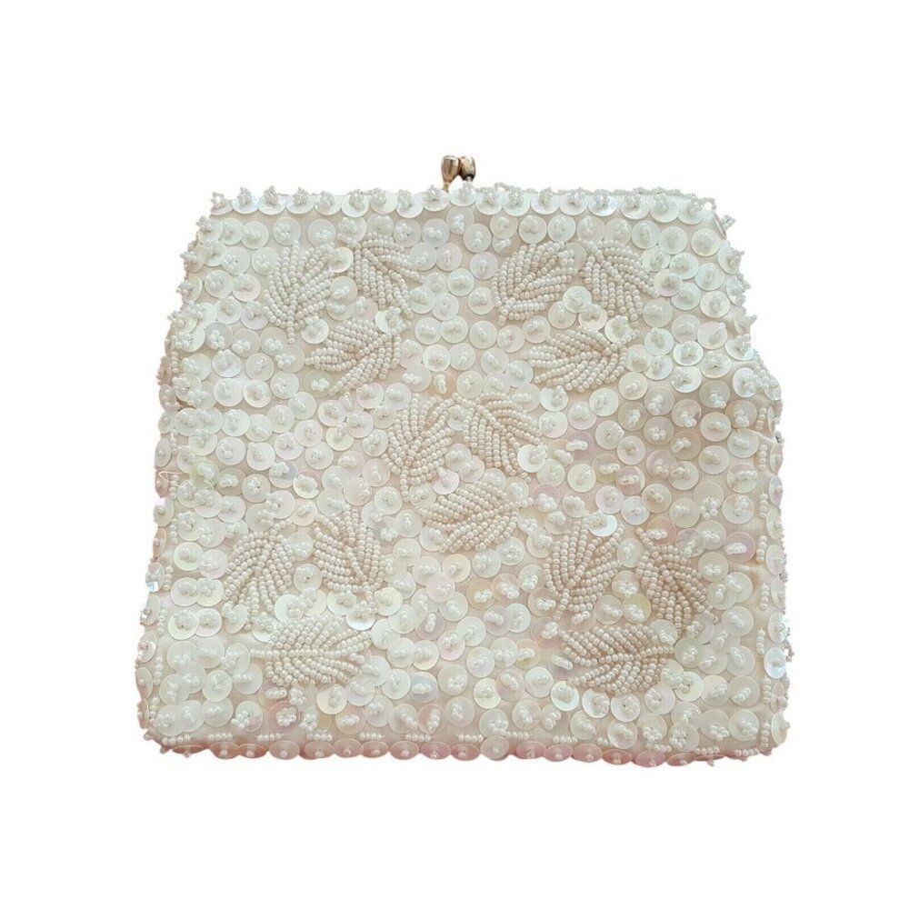 Vintage Pocketbook Ivory Sequin Leaves Gold Chain Shoulder Bag Iridescent Beads